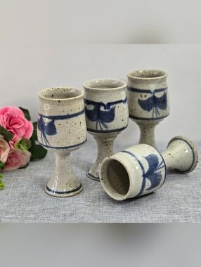 Blue Grey Stoneware Drinkware Chalice Pedestal Set 4 Vintage Goblets Handpainted